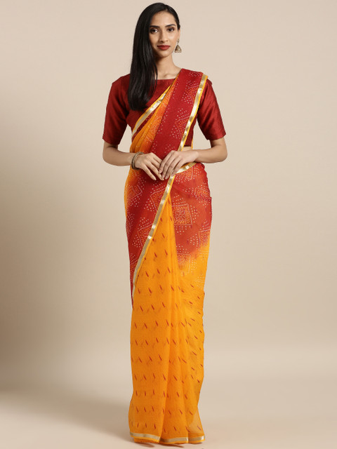 

Satrani Women Mustard Yellow & Red Poly Chiffon Printed Bandhani Saree