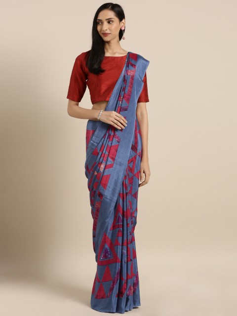

Satrani Grey with a Blue Tinge Printed Crepe Saree