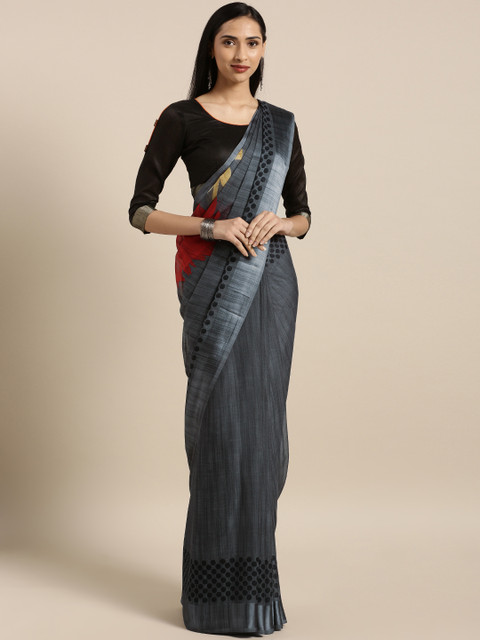 

Satrani Grey & Black Poly Chiffon Printed Saree