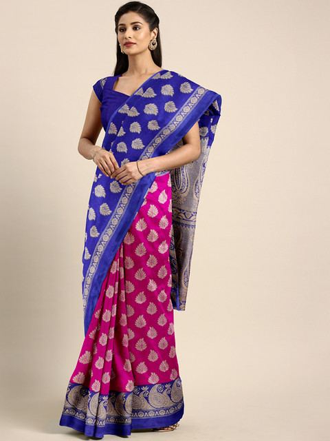 

Satrani Women Navy Blue & Pink Woven Design Art Silk Saree