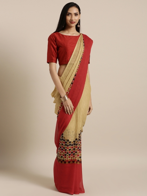

Satrani Beige & Red Printed Poly Georgette Saree