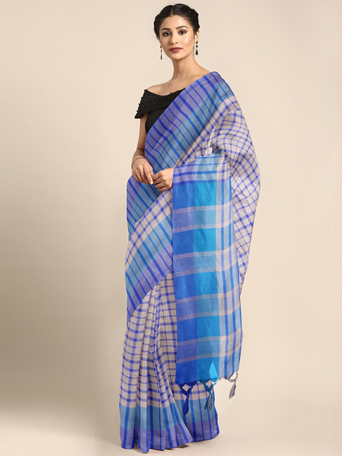

Satrani Beige & Blue Silk Cotton Checked Saree