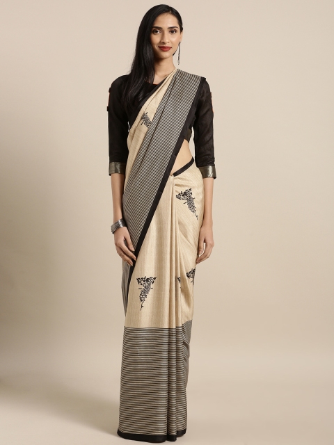 

Satrani Beige & Black Poly Silk Printed Saree