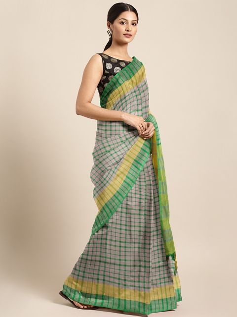 

Satrani Beige & Green Silk Cotton Checked Saree
