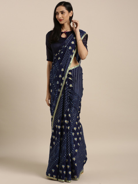 

Satrani Navy Blue Poly Chiffon Printed Bandhani Saree