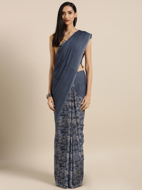 

Satrani Blue & Grey Printed Poly Georgette Saree