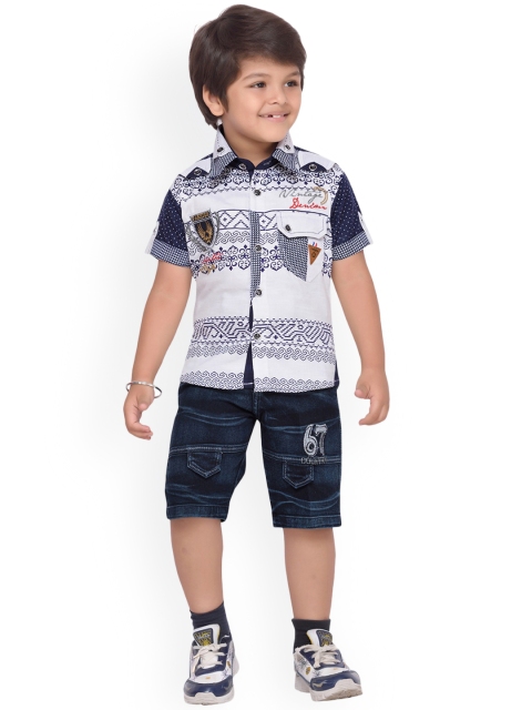 

Kidling Boys White & Navy Blue Printed Shirt with Shorts