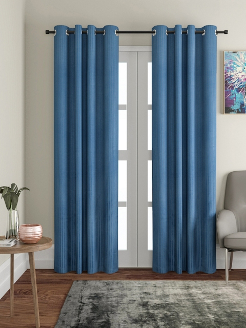 

VRINDA Blue Self-Striped Set of 2 Long Door Curtains