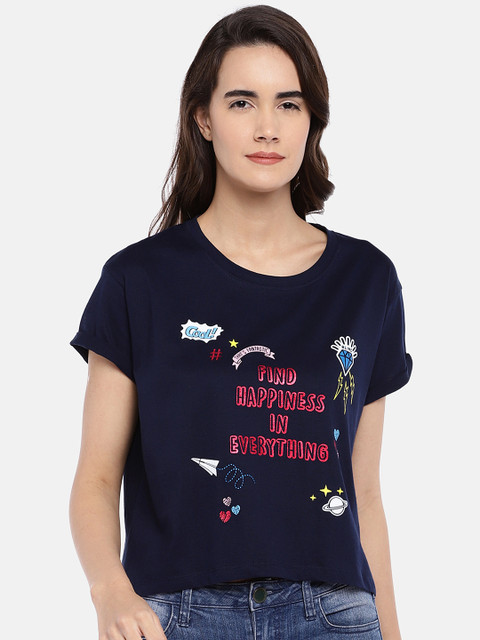 

Globus Women Navy Blue Printed Round Neck T-shirt