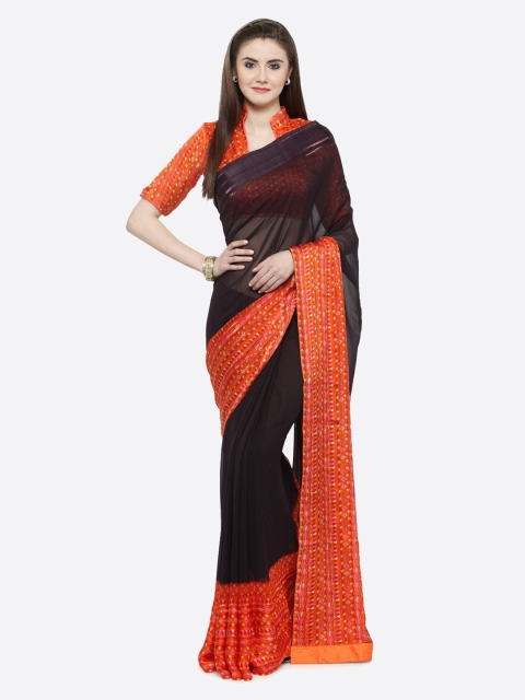 

Shaily Navy Blue & Orange Pure Silk Printed Saree