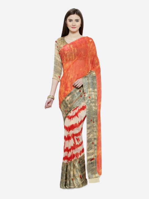 

Shaily Orange & Beige Pure Silk Printed Saree