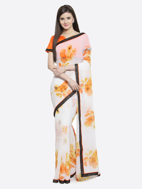 

Shaily White & Orange Printed Pure Georgette Saree
