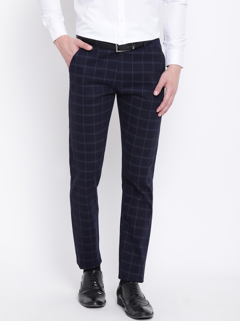 

Hancock Men Navy Blue Slim Fit Checked Formal Trousers