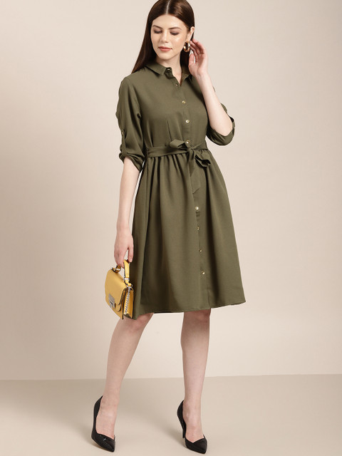 

her by invictus Women Solid Olive Green Shirt Dress