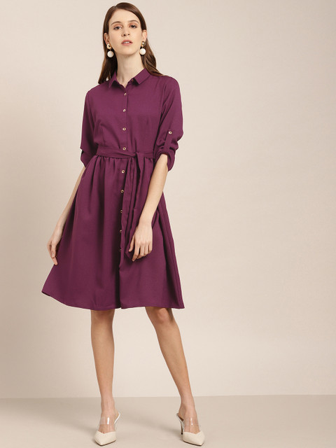 

her by invictus Women Solid Burgundy Shirt Dress