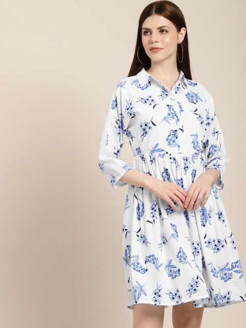 

her by invictus Women Printed White & Blue Fit and Flare Dress