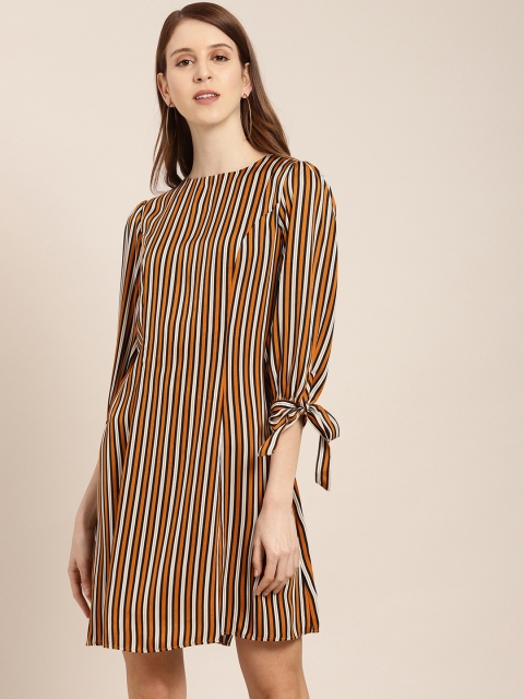 

her by invictus Women Striped Mustard Yellow & White A-Line Dress