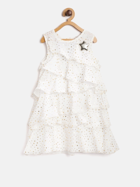 

Nauti Nati Girls White & Golden Printed Layered A-Line Dress