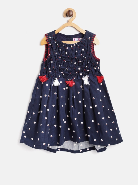 

Nauti Nati Girls Navy Blue Printed A-Line Dress with Applique Detail