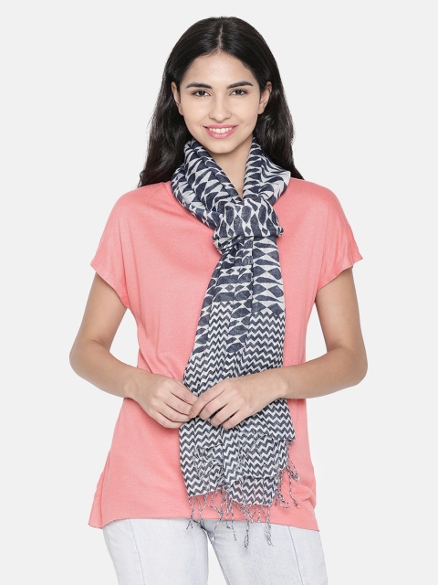 

Linen Club Women Blue & White Printed Stole, Navy blue