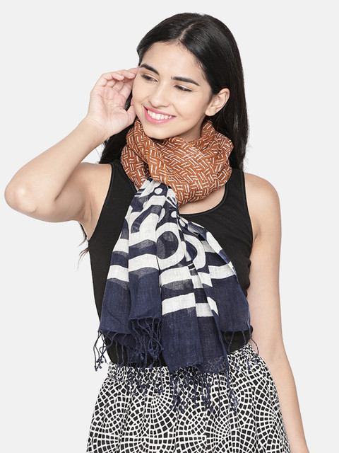 

Linen Club Women Brown & Navy Blue Linen Printed Stole