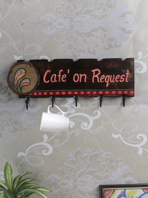 

VarEesha Brown Cafe On Request Wall Mounted Wooden Cups Cum Towel Holder With Hooks