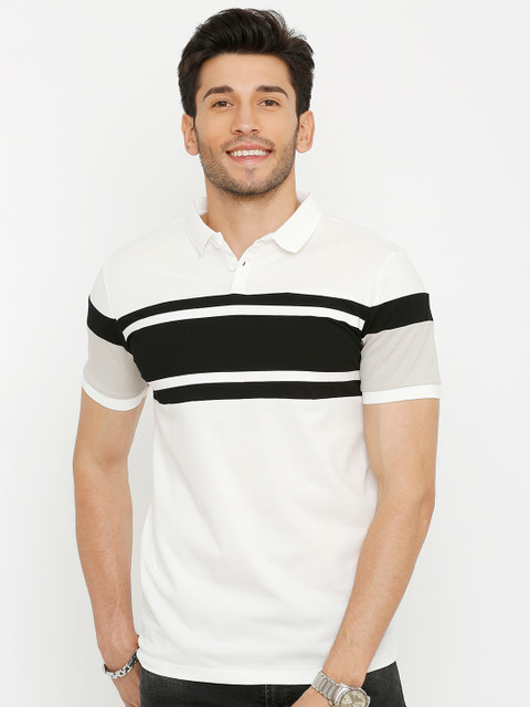 

Rex Straut Jeans Men White Striped Polo Collar T-shirt