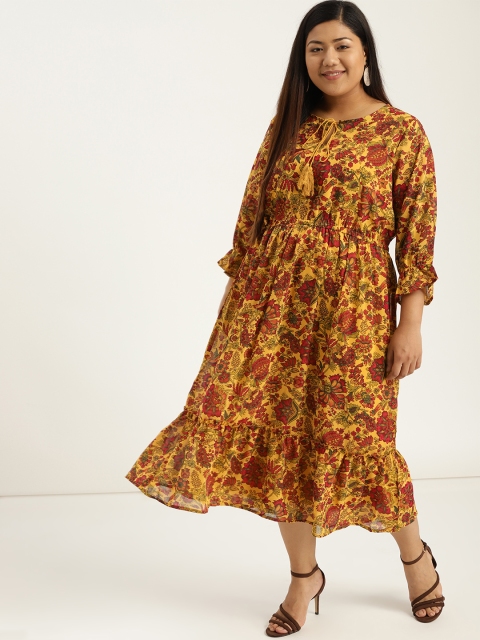 

Sztori Plus Size Women Printed Yellow Maroon Printed A-Line Dress