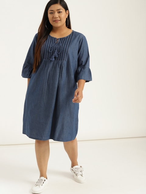 

Sztori Plus Size Women Navy Blue Chambray Embroidered Detail A-Line Dress