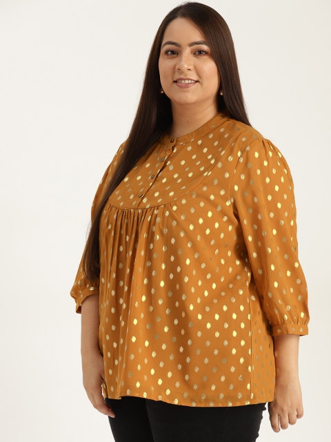 

Sztori Plus Size Women Mustard Yellow Golden Printed A-Line Top
