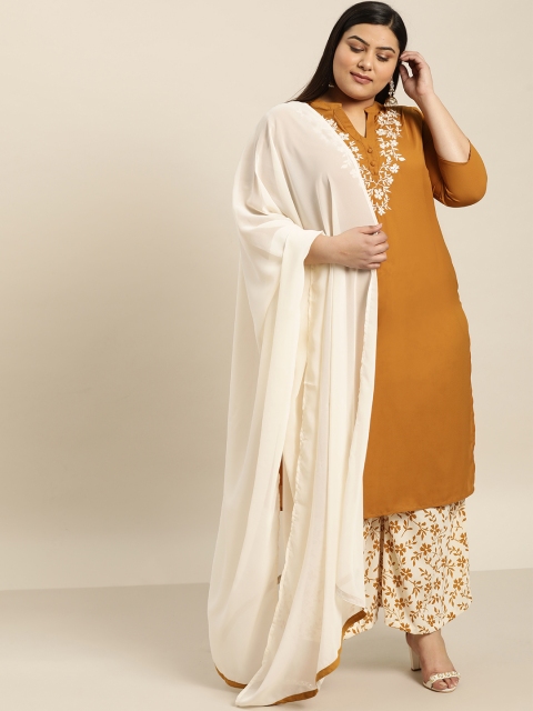 

Sztori Plus Size Women Mustard Brown Off-White Yoke Design Kurta Set With Palazzos Dupatta