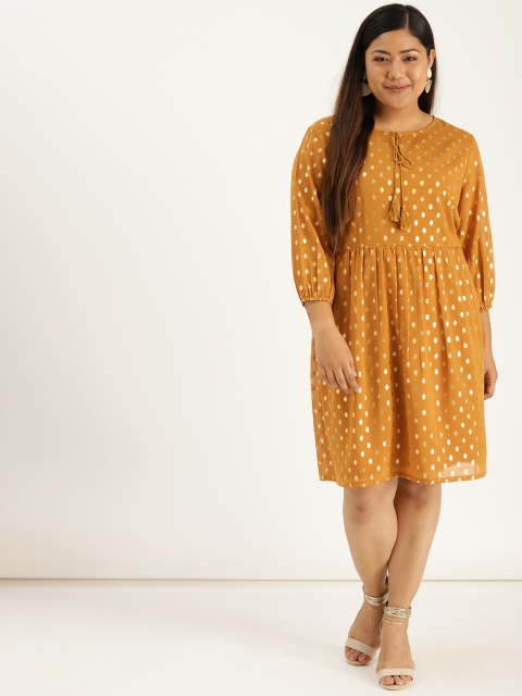

Sztori Plus Size Women Mustard Yellow Golden Printed A-Line Dress