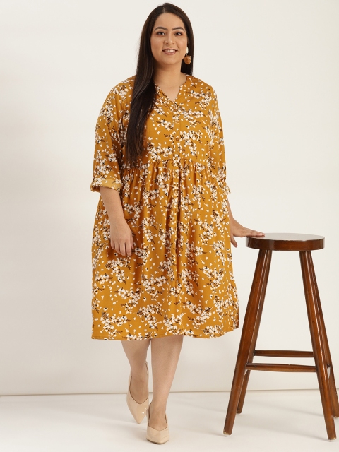 

Sztori Plus Size Women Printed Mustard Yellow White A-Line Dress