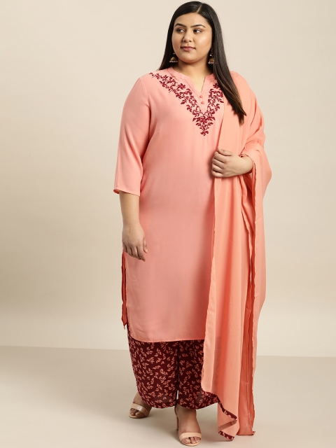 

Sztori Plus Size Women Peach-Coloured Maroon Embroidered Yoke Design Kurta with Palazzos Dupatta