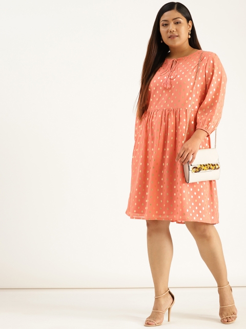 

Sztori Plus Size Women Peach-Coloured Golden Printed A-Line Dress