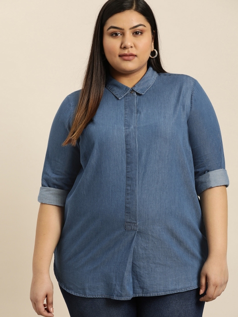 

Sztori Plus Size Women Blue Solid Chambray Shirt Style Top