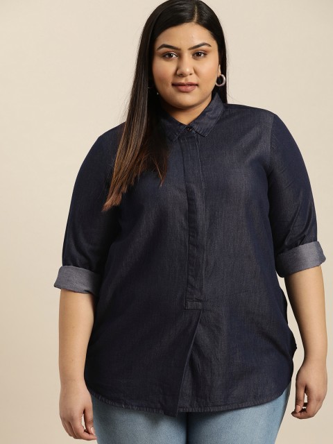 

Sztori Plus Size Women Navy Blue Solid Chambray Shirt Style Top