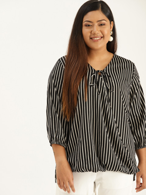 

Sztori Plus Size Women Black White Striped Wrap Top