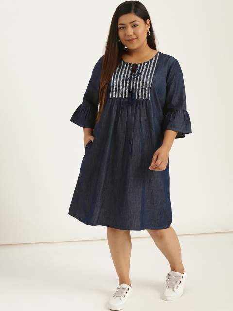 

Sztori Plus Size Women Navy Blue Chambray Embroidered Detail A-Line Dress