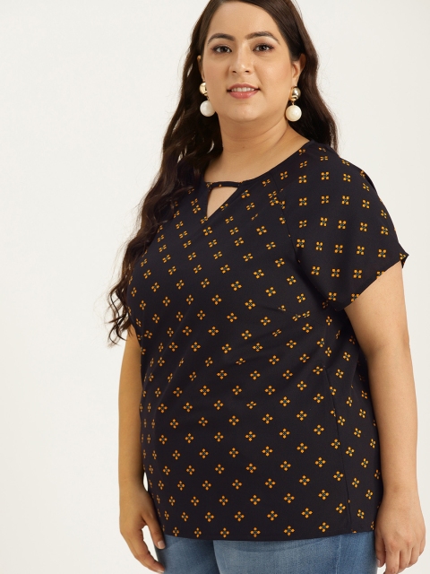 

Sztori Plus Size Women Black Mustard Yellow Printed Top