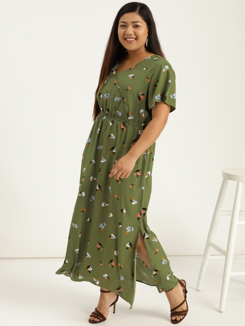 

Sztori Plus Size Women Olive Green Blue Printed Maxi Dress