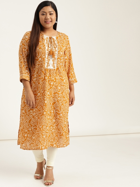 

Sztori Plus Size Women Mustard Yellow Off-White Printed Straight Kurta