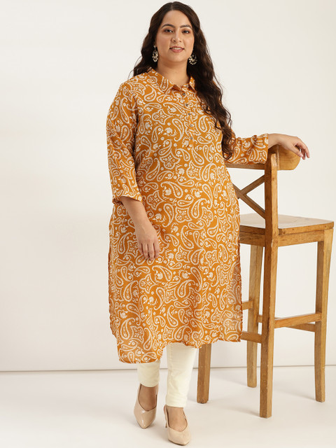 

Sztori Plus Size Women Mustard Yellow Off-White Printed Straight Kurta