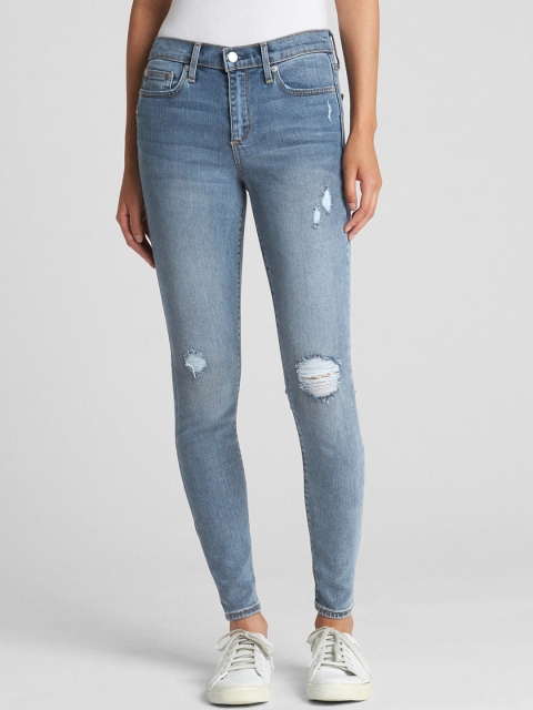 

GAP Women Blue Soft Wear Mid Rise True Skinny Jeans In Distressed