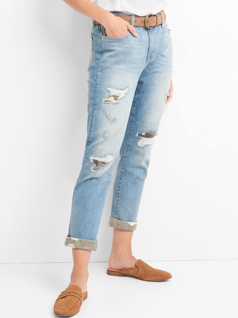 

GAP Women Blue Mid Rise Destructed Camo Best Girlfriend Jeans