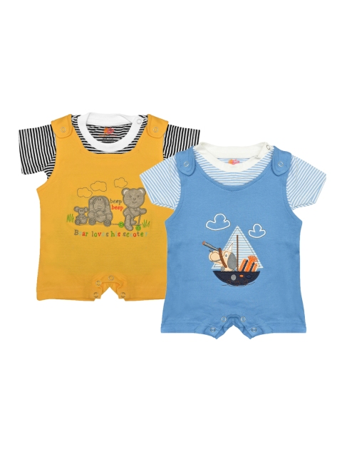 

Orange and Orchid Unisex Pack Of 2 Embroidered Rompers with T-shirt, Blue