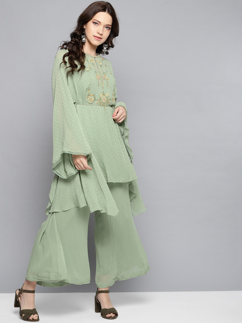 

Ritu Kumar Women Green Self Design Kurti with Palazzos