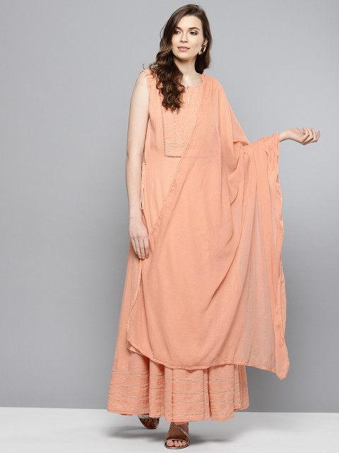 

Ritu Kumar Women Peach-Coloured Yoke Design Kurta with Skirt & Dupatta