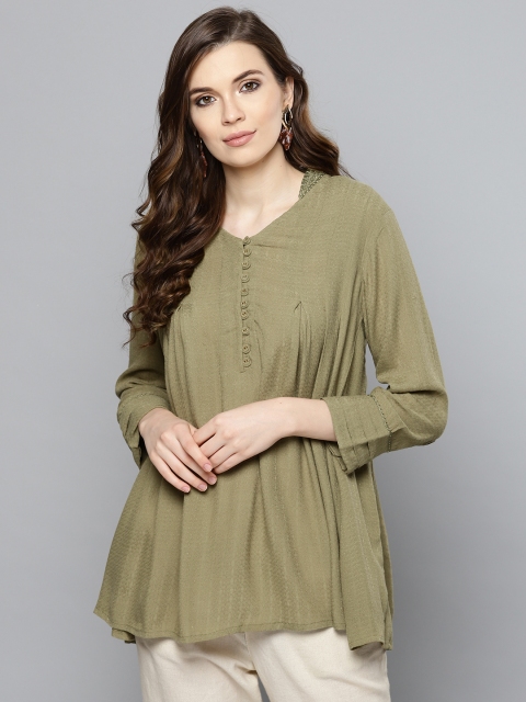 

Ritu Kumar Women Olive Green Self Design A-Line Kurti