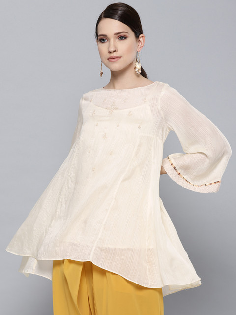 

Ritu Kumar Women Cream-Coloured Embroidered Detail A-Line Kurti